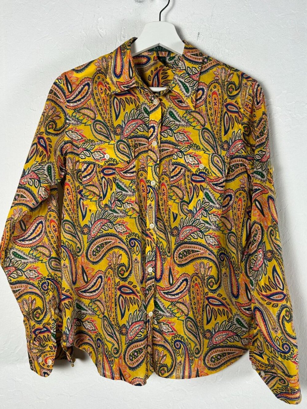 Lauren Ralph Lauren Yellow Paisley Button Down Shirt Women's Medium Cotton Boho